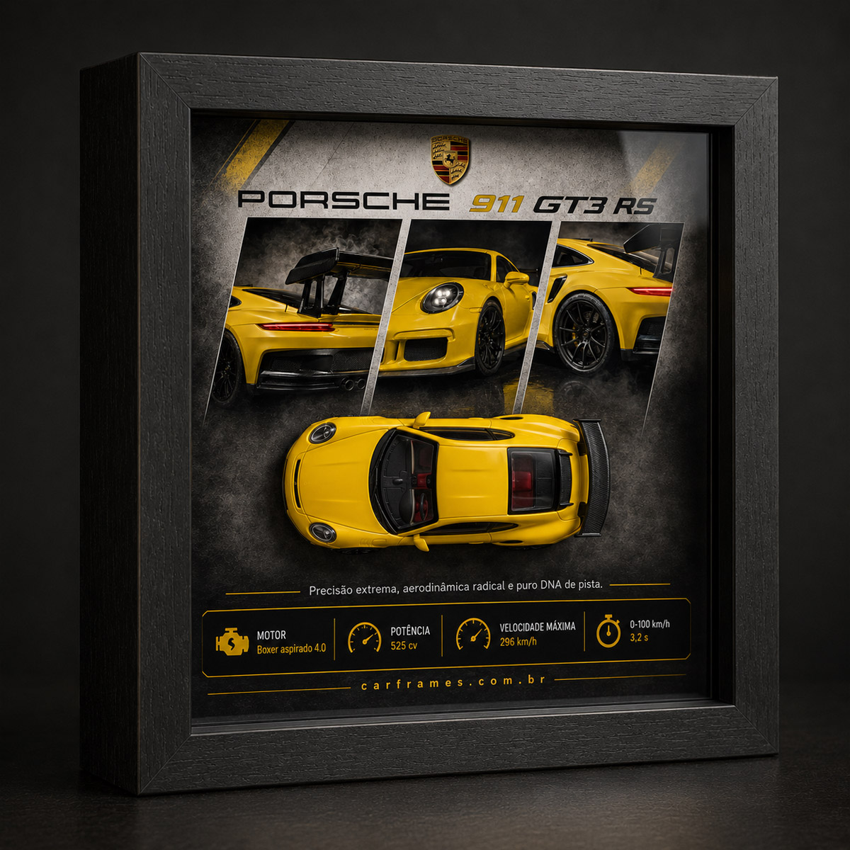 Quadro CarFrames Porsche 911 GT3 RS Geração 991 Premium 20x20 com Miniatura Diecast 1:36
